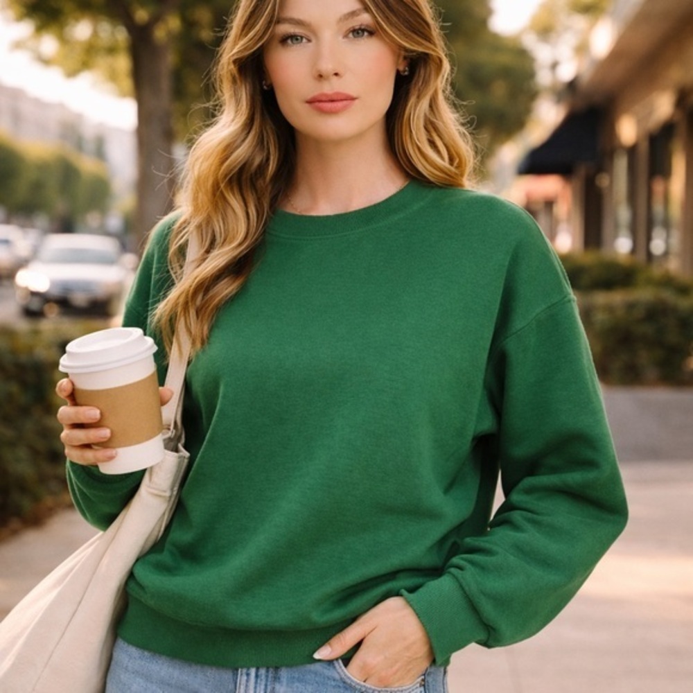 Zenana Fleece Long Sleeve Scuba Pullover Sweatshirt Dark Green NWOT M L #2528-38